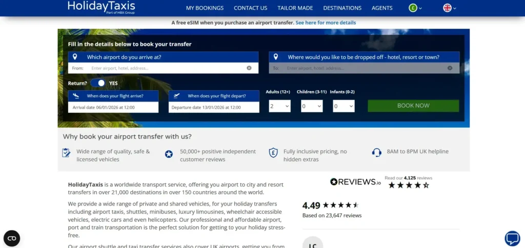 holiday taxis review showing homepage with airport transfer booking form, destination search, vehicle options, and customer reviews.