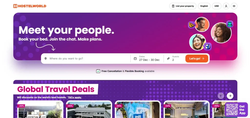Hostelworld Homepage highlighting hostel stays, social lodging, filters, and traveler reviews.