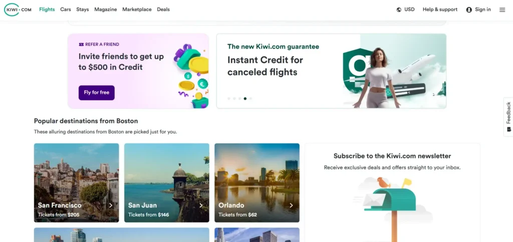 Kiwi.com Homepage showing flexible flight routes and destination deals among the best online holiday booking sites.