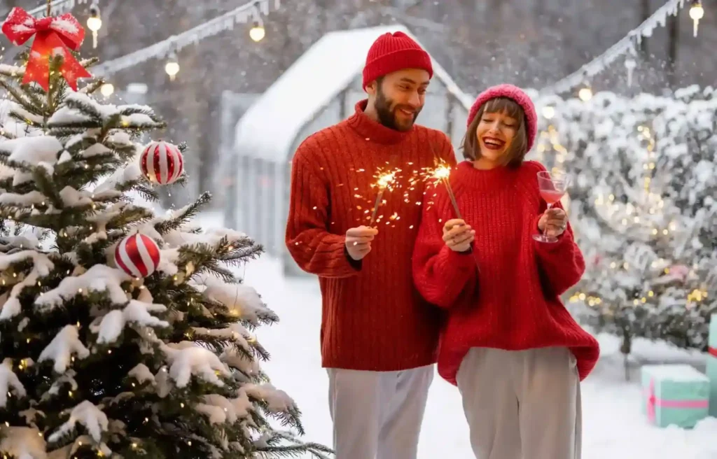 Couple in red sweaters celebrating beside a snow-covered Christmas tree, enjoying winter festivities in one of the best places to spend Christmas
