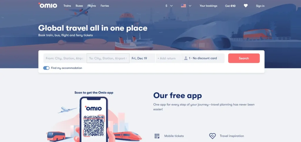 Omio Homepage showing train, bus, flight, and ferry booking in one travel planning interface.