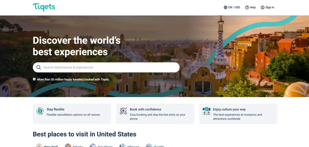 Tiqets Homepage presenting mobile tickets for museums, attractions, and cultural landmarks.