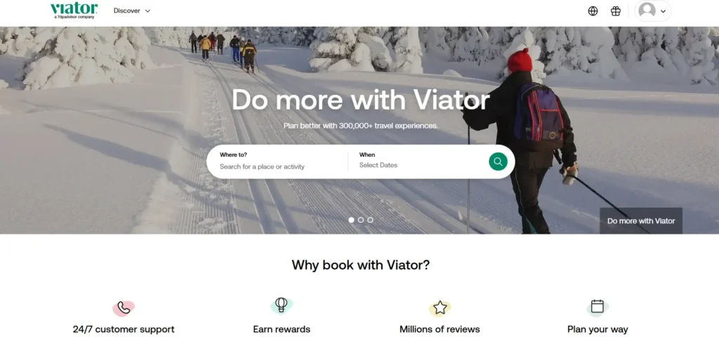 Viator Homepage displaying tours, activities, and experience search across global destinations.