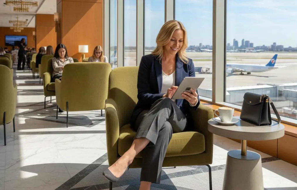 Business traveler using an airport lounge before flights under the chase ritz-carlton card guest policy.