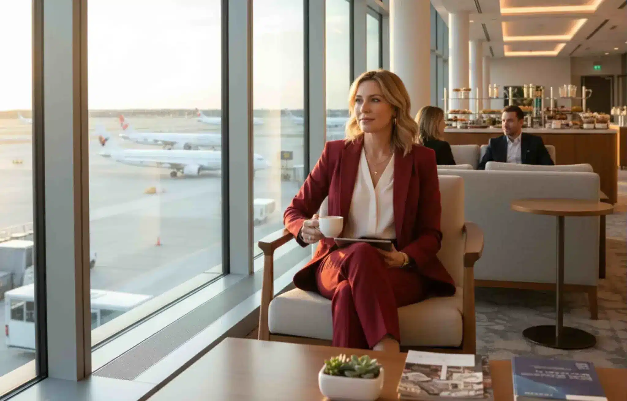 A woman in a red suit sits by the window at the Capital One Lounge in Denver Airport, enjoying coffee while overlooking airplanes on the runway.