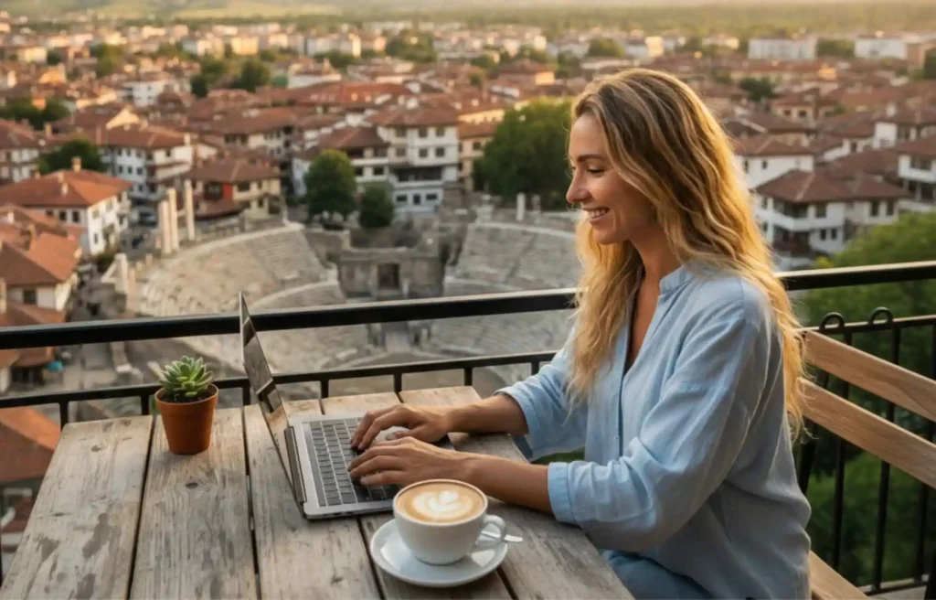 Smiling remote worker using a laptop at a café balcony overlooking a historic city in Bulgaria at sunset