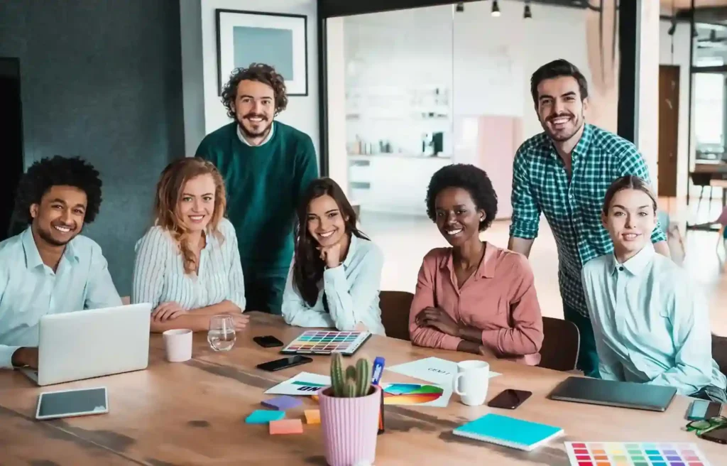 diverse corporate team gathered around a table, representing collaboration, planning, and modern workplace culture