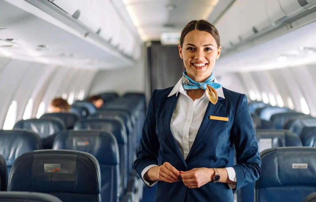 Smiling flight attendant inside American Airlines cabin supporting american airlines free wifi service