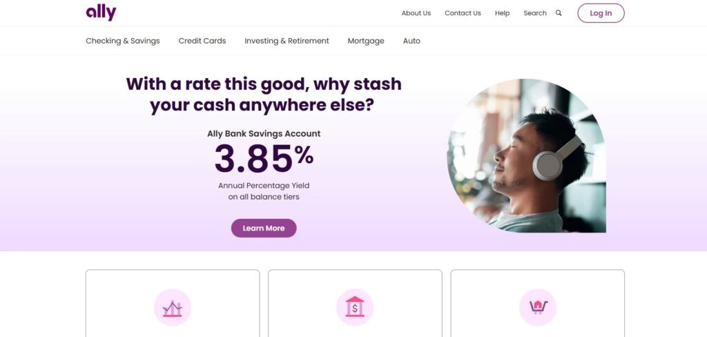 Ally Bank homepage showing high-yield savings rate, digital banking navigation, and customer-focused design.