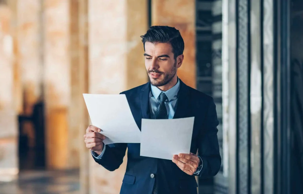 Professional executive reviewing corporate relocation policy documents before approving corporate move.