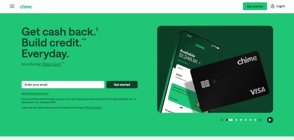 Chime homepage showing mobile banking app, cash back card, and simple account signup flow.