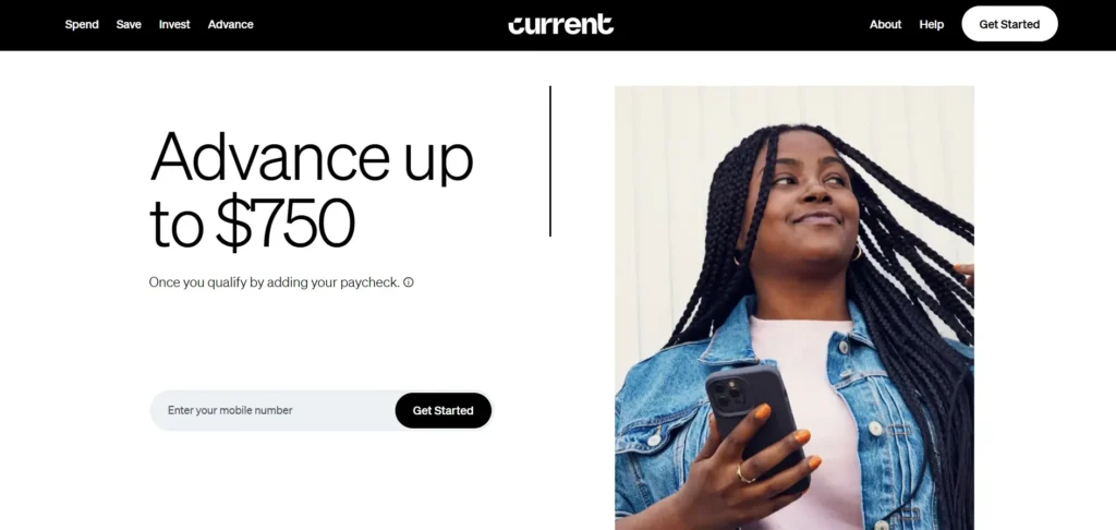 Current homepage showing paycheck advances, mobile banking features, and fast access to funds.