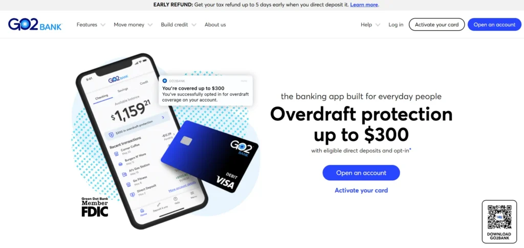 GO2bank homepage showing overdraft protection, debit card, and digital banking interface.