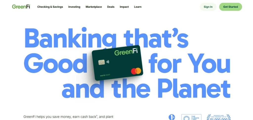 GreenFi homepage showing eco-focused banking message, debit card, and sustainability branding.