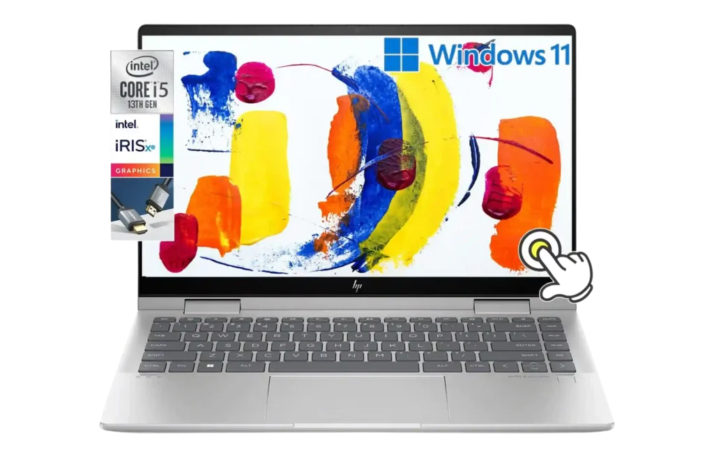 HP Envy x360 14 convertible laptop with touchscreen display.