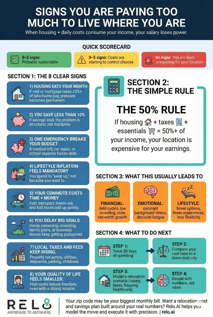 Infographic showing signs you are paying too much to live where you are and how costs affect income.