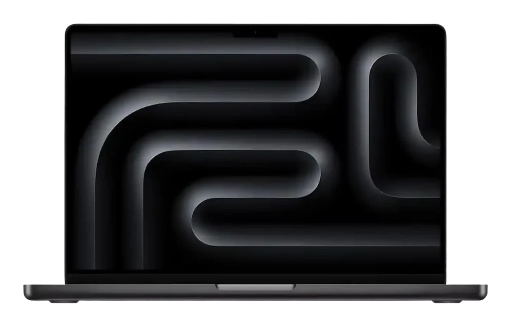 Front view of 14-inch MacBook Pro with dark abstract wallpaper on a black background.