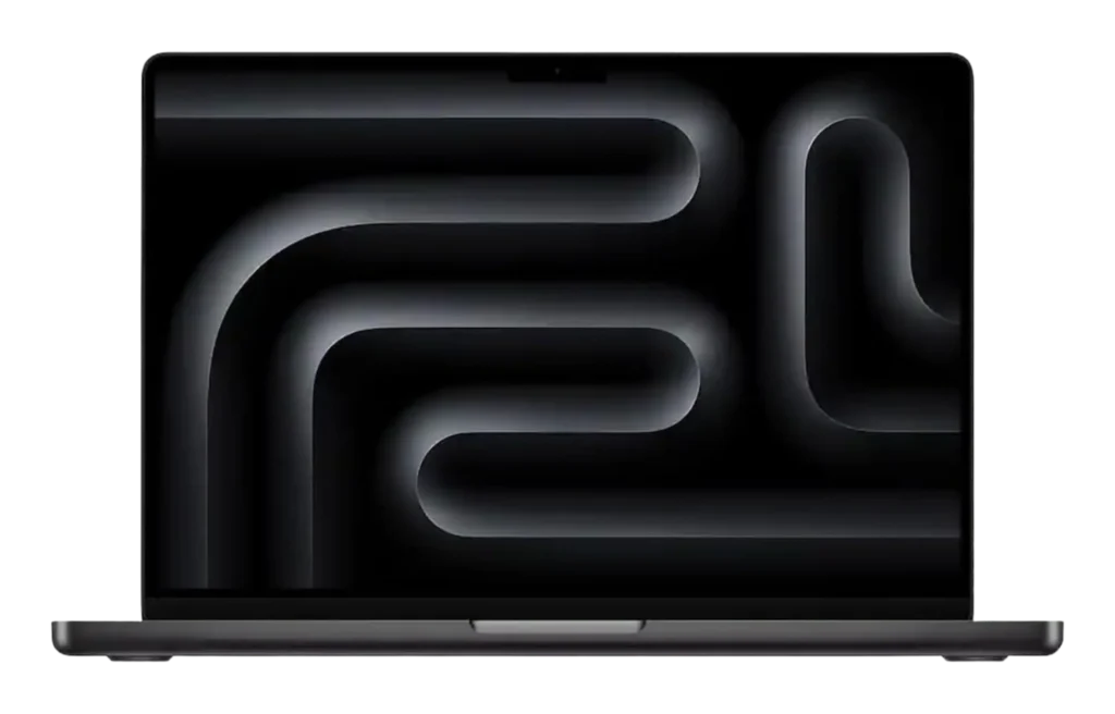 Front view of 16 inch MacBook Pro with dark abstract wallpaper on a black background, one of the best laptops for relocating professionals.