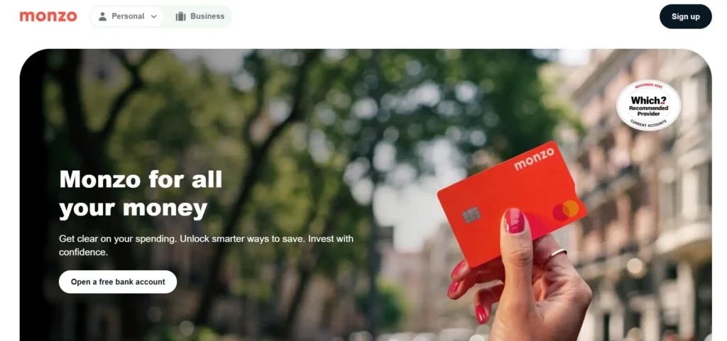 Monzo homepage showing real-time budgeting tools, debit card, and mobile-first banking layout.