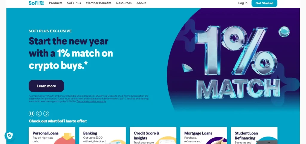 SoFi homepage showing all-in-one banking, investing, loans, and features common among the best neobanks in the us.