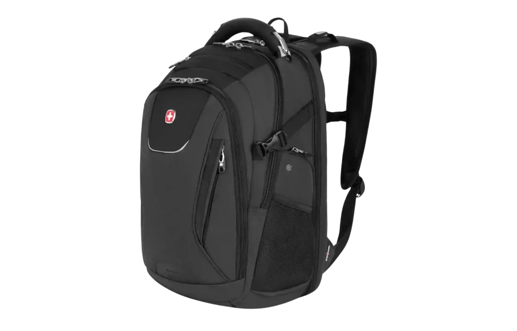 Tech travel backpack with padded laptop compartment and multiple pockets.