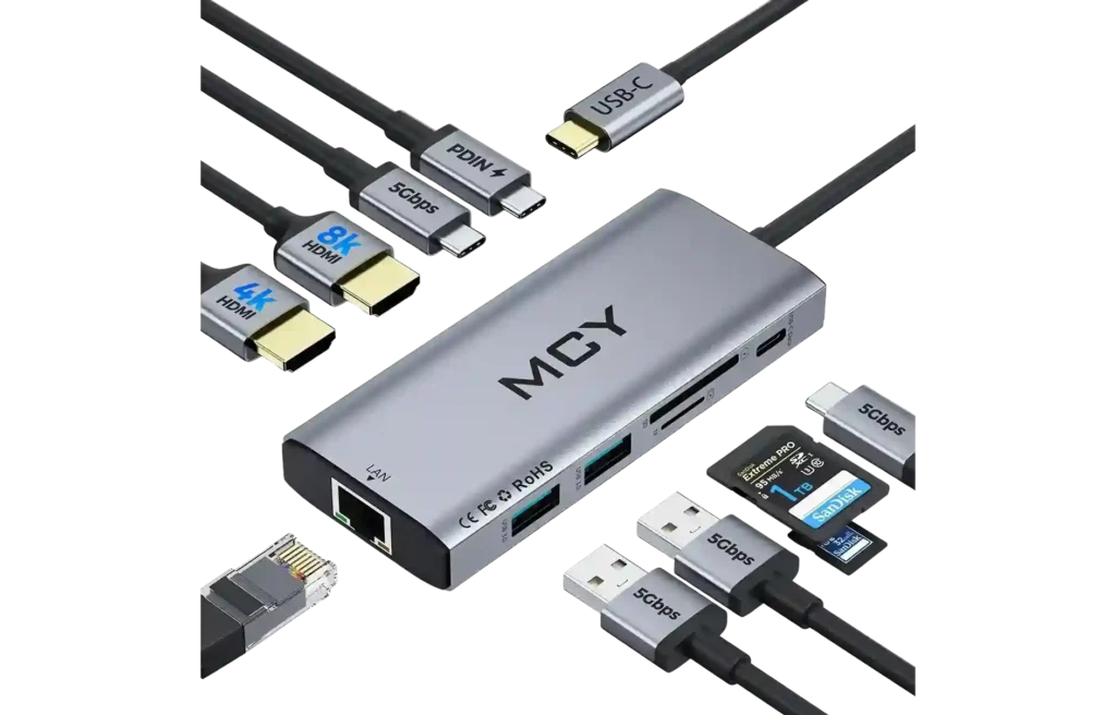Multiport USB-C hub with HDMI, USB, and charging ports.