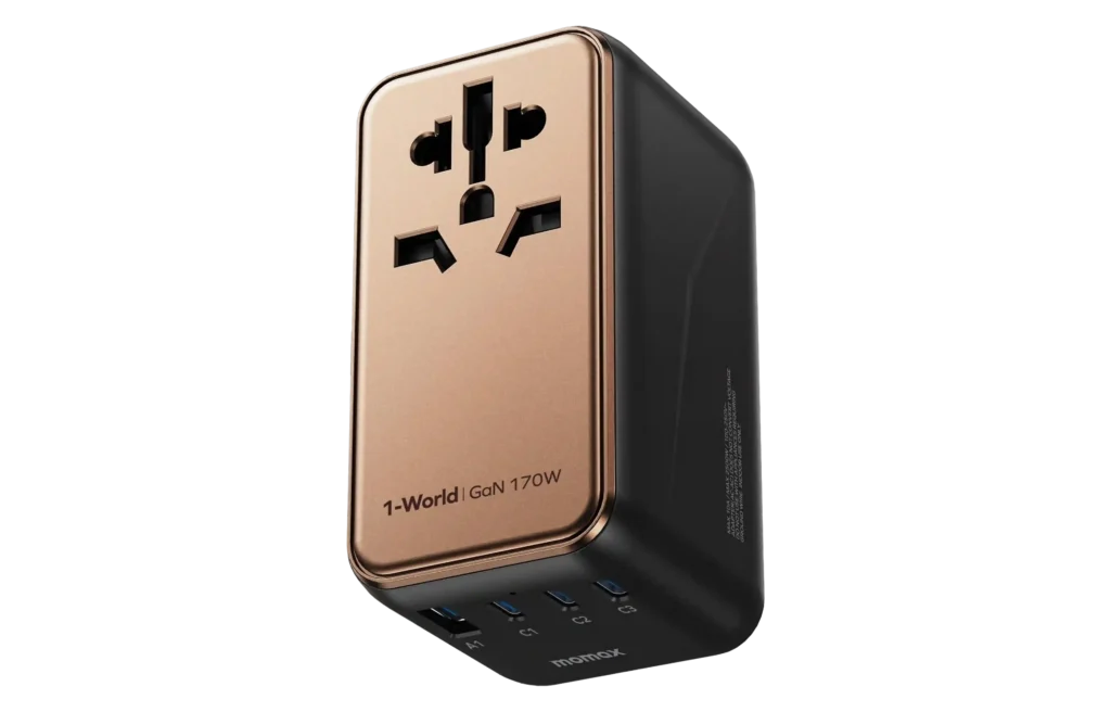 Universal travel adapter with multiple plug types for international use.