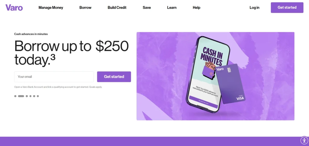 Varo homepage showing digital bank account, cash advance feature, and mobile banking interface.