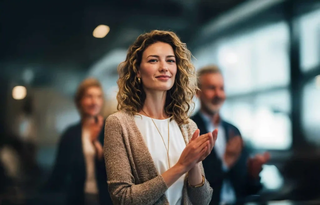 corporate woman applaudes the company's policy on corporate relocation vs corporate housing