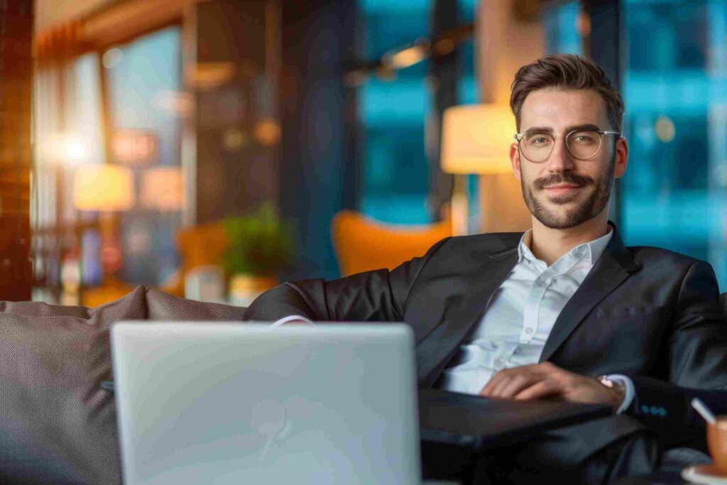 man enjoying priority pass vs loungekey article on laptop