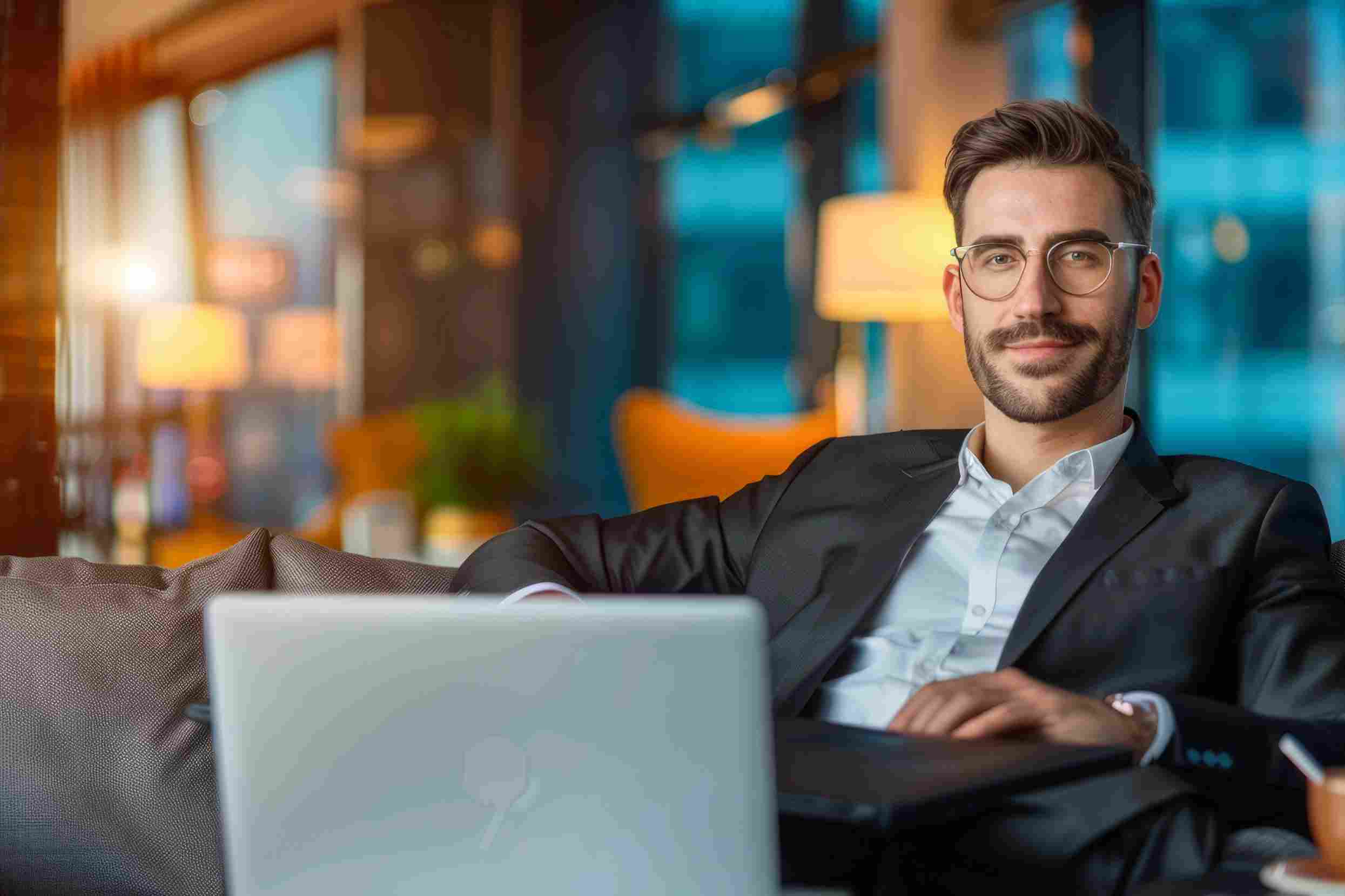 man enjoying priority pass vs loungekey article on laptop