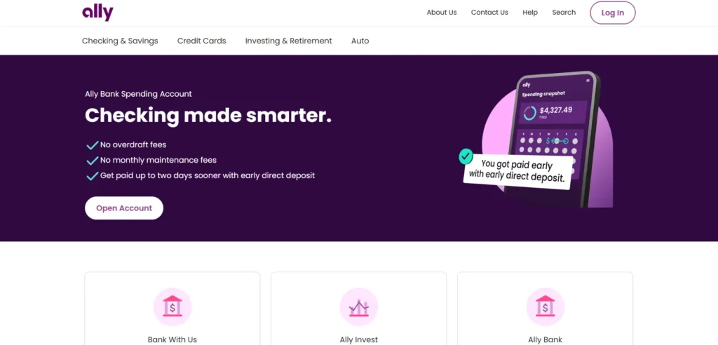 Ally Bank home page promoting online checking accounts with no maintenance fees and digital banking tools.