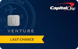 Capital One Venture Rewards credit card with travel miles offer and last chance banner for bonus rewards.