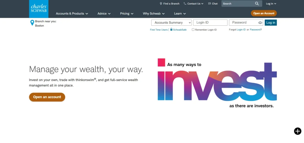Charles Schwab home page showing wealth management services and investment accounts for global investors.