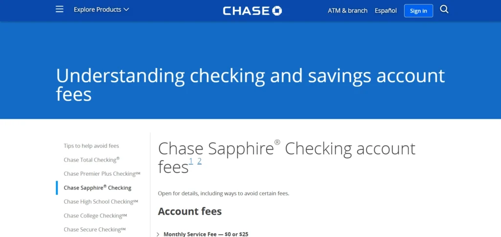 Chase Bank page explaining checking account fees and banking services for everyday financial management.