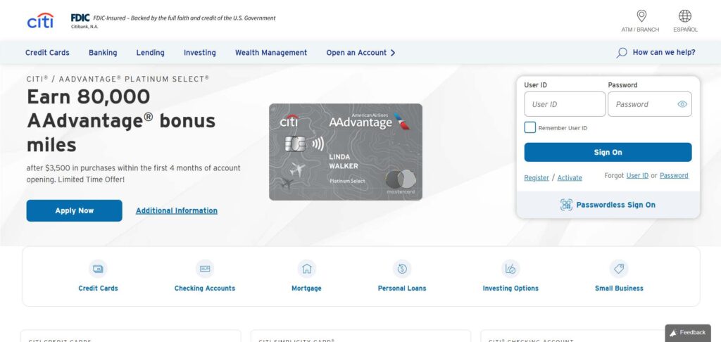 Citibank home page promoting credit cards banking services and travel rewards benefits for customers.