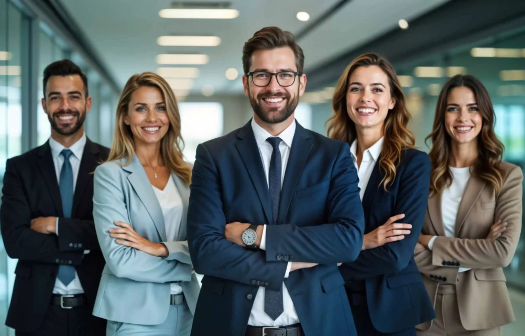 Corporate professionals standing confidently in a modern office hallway with arms crossed and smiling at the camera.