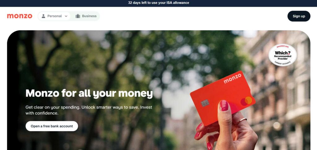 Monzo home page displaying mobile banking features with smart spending insights and budgeting tools.