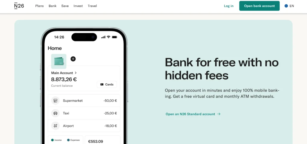 N26 home page presenting mobile banking with free account setup and global ATM withdrawals.
