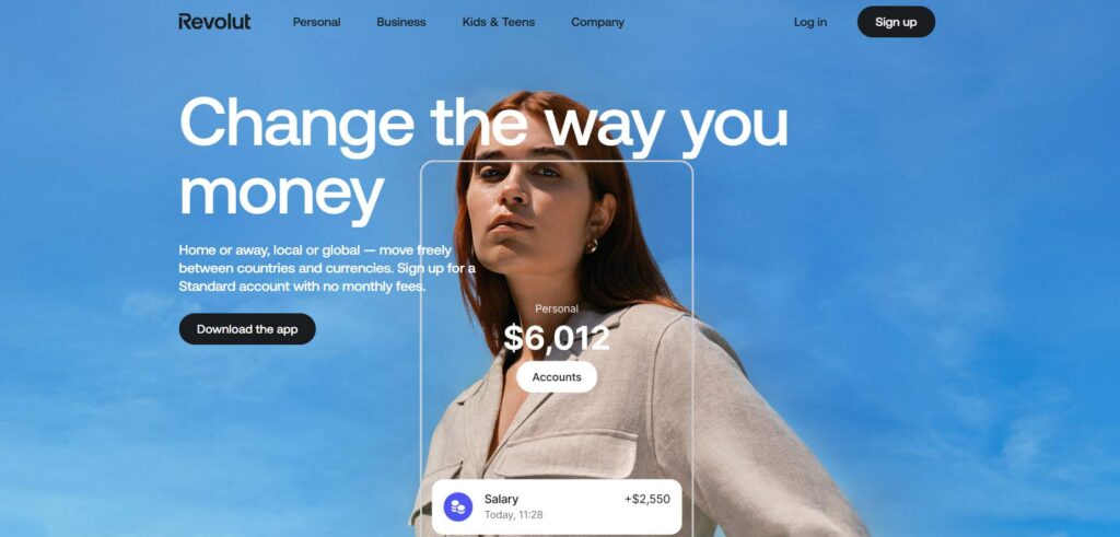 Revolut home page promoting digital banking app with multi currency accounts and global spending features.