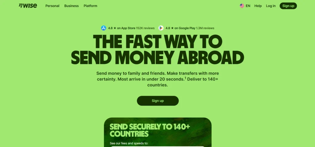 Wise home page highlighting fast international money transfers and global payments to over 140 countries, one of the best banks to use for international travel.