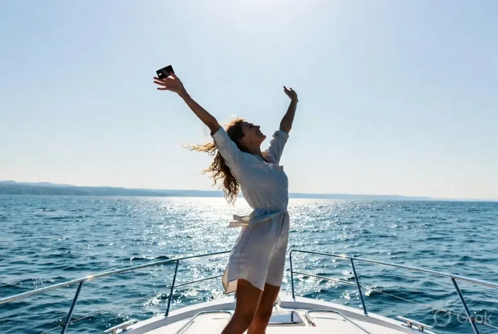 Woman celebrating on a yacht at sea with arms raised, enjoying travel freedom.