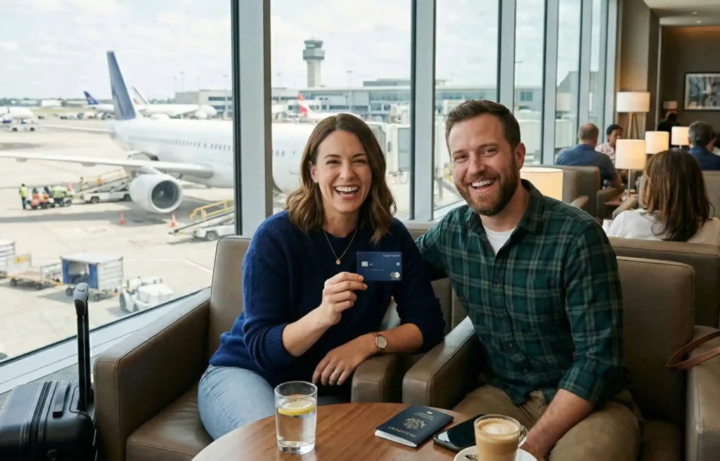 Couple at airport lounge holding a credit card with airplane visible outside window.