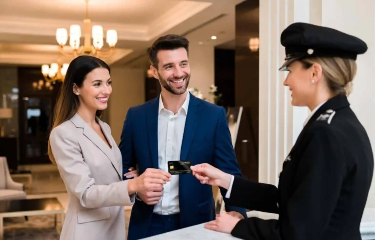 A couple checking in at a luxury hotel, handing over a credit card at the reception desk.