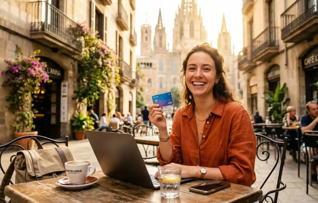 Smiling woman with laptop holding credit card at outdoor café in a European city.