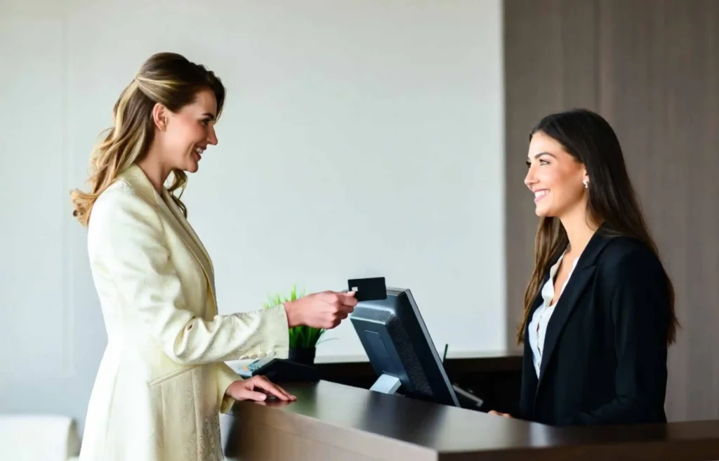A woman using an Amex Platinum 175k Offer credit card at the hotel front desk while speaking with a receptionist.