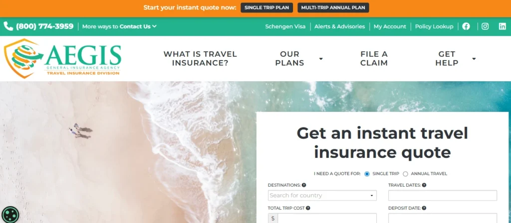 Aegis Travel Insurance homepage with instant travel insurance quote form.