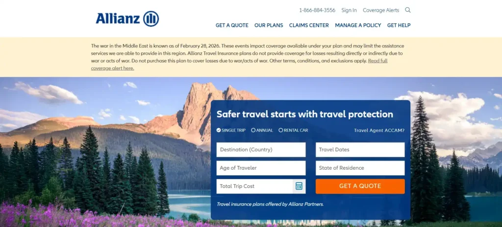 Allianz Travel Insurance homepage with best family travel insurance quote form.