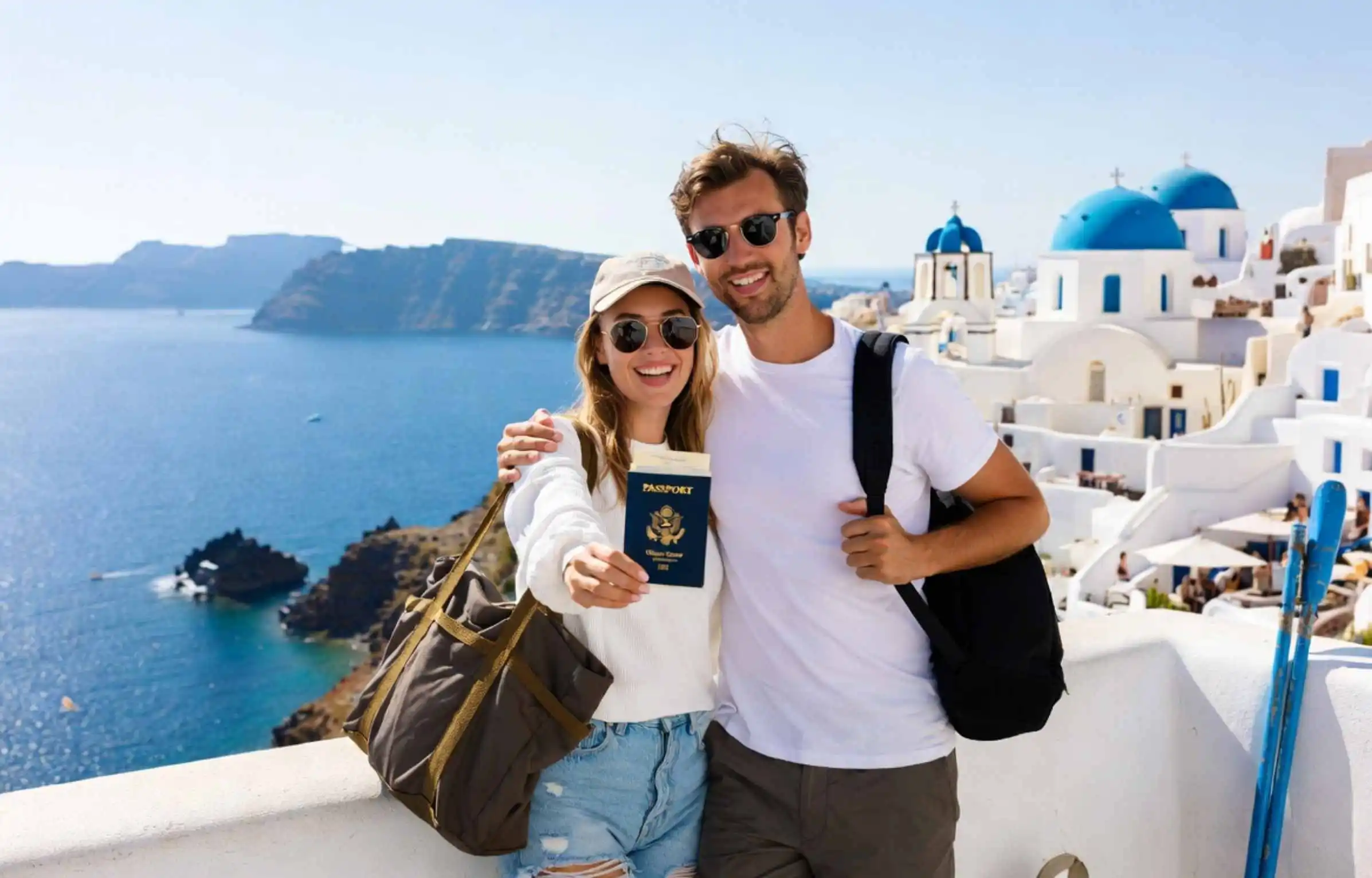 An American couple holding passports in Santorini, Greece.