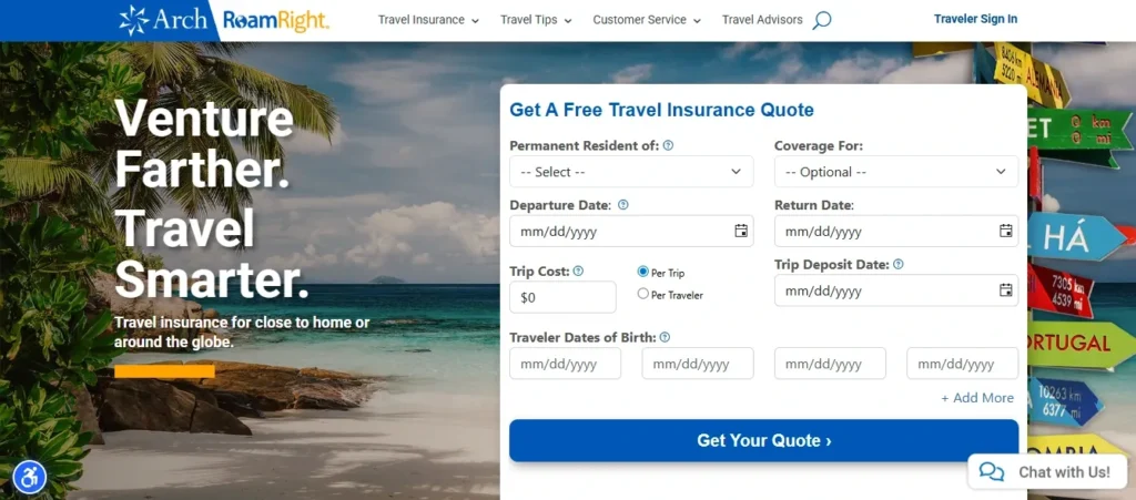 Arch RoamRight homepage with travel insurance quote form.